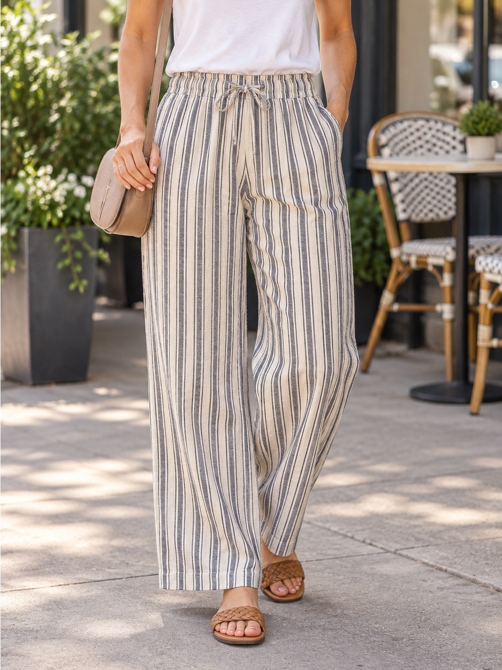 Coastal Striped Wide Leg Pull-On Pants Linen Look Resort GAP Women’s M